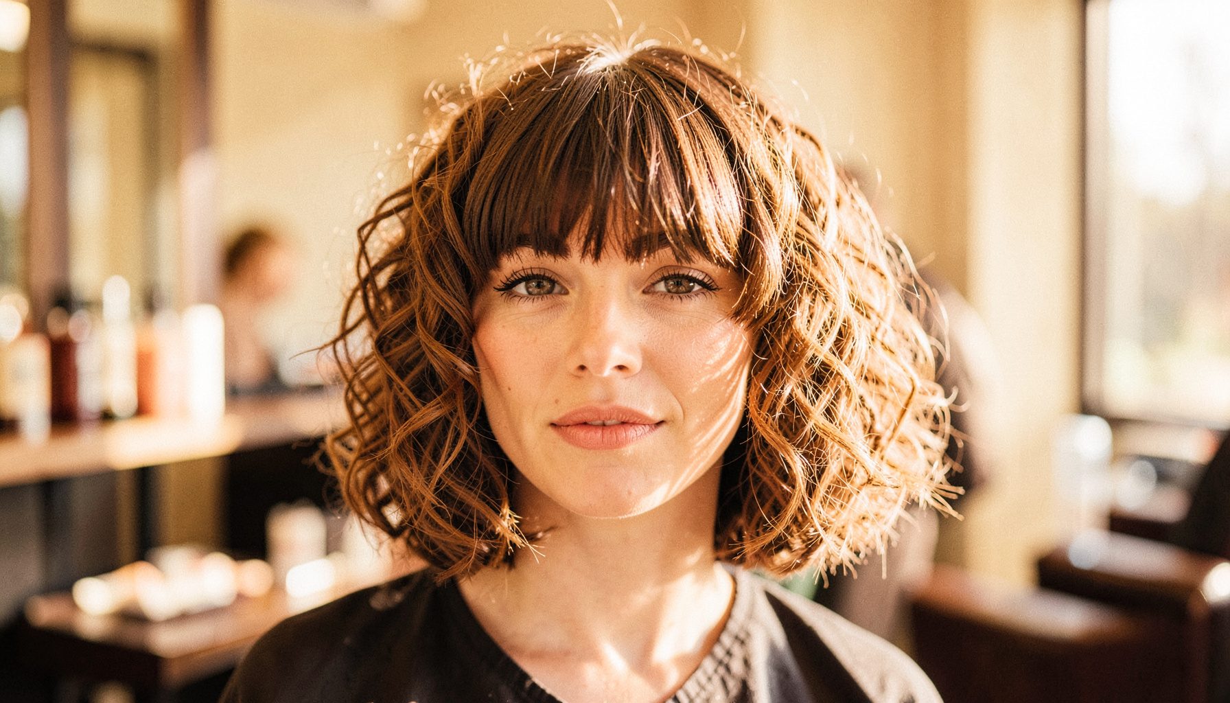 Close-up of a curly bob with light bangs in a sunlit salon atmosphere, warm beige and honey tones